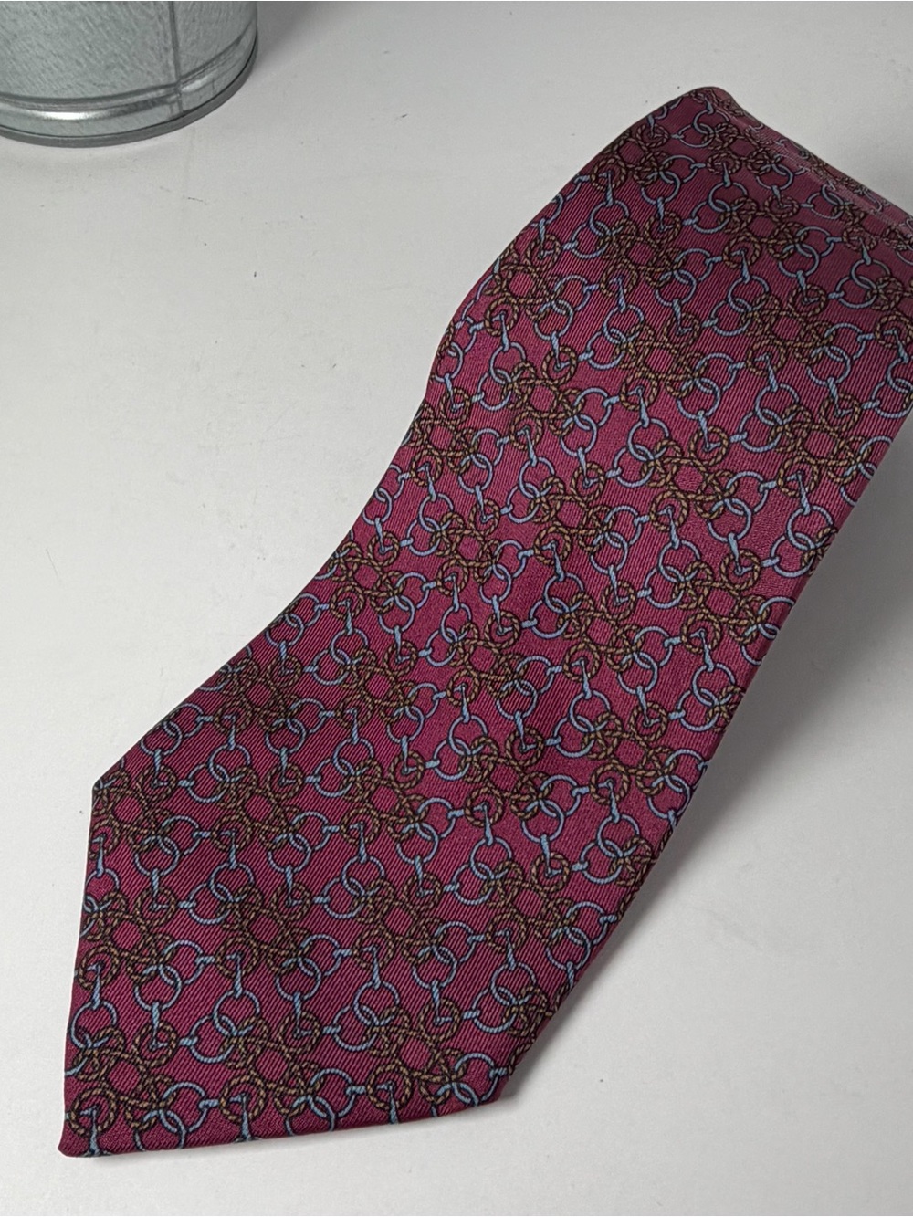 Hermes Men’s Silk Interlocking Horse Bit Pattern Tie Burgundy, Light Blue 760 UA - Picture 3 of 7